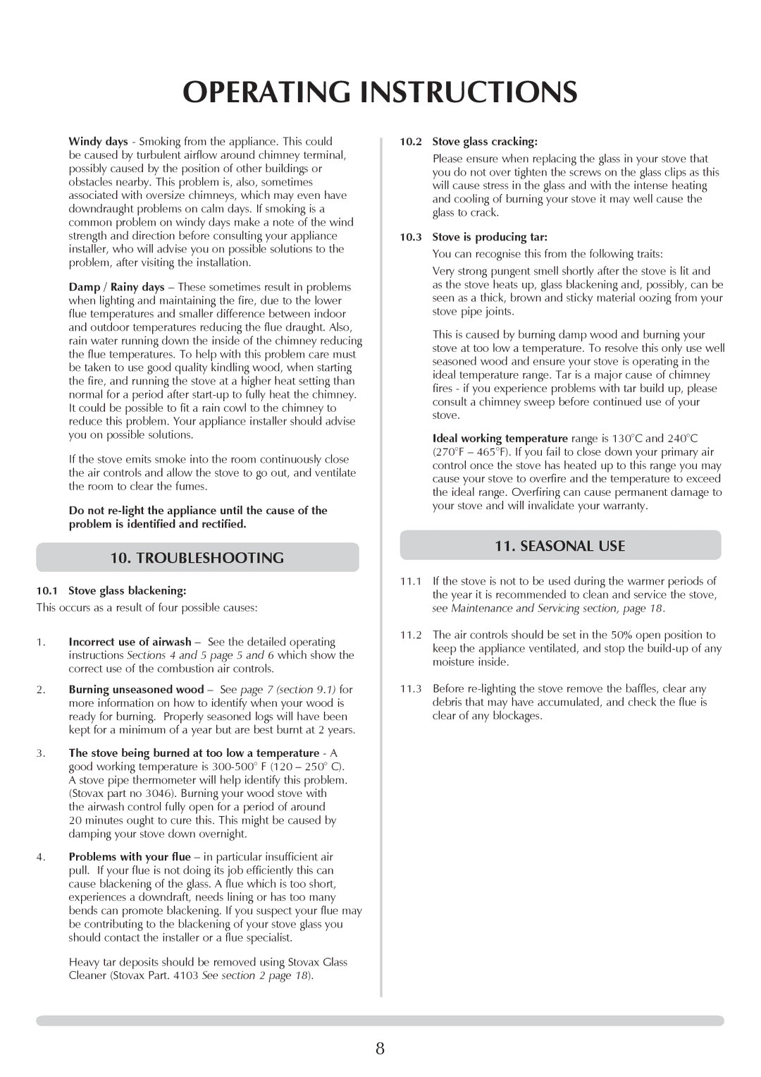 Stovax 7016, 7027, 7017, sheraton free standing stove manual Operating Instructions, Troubleshooting, Seasonal use 